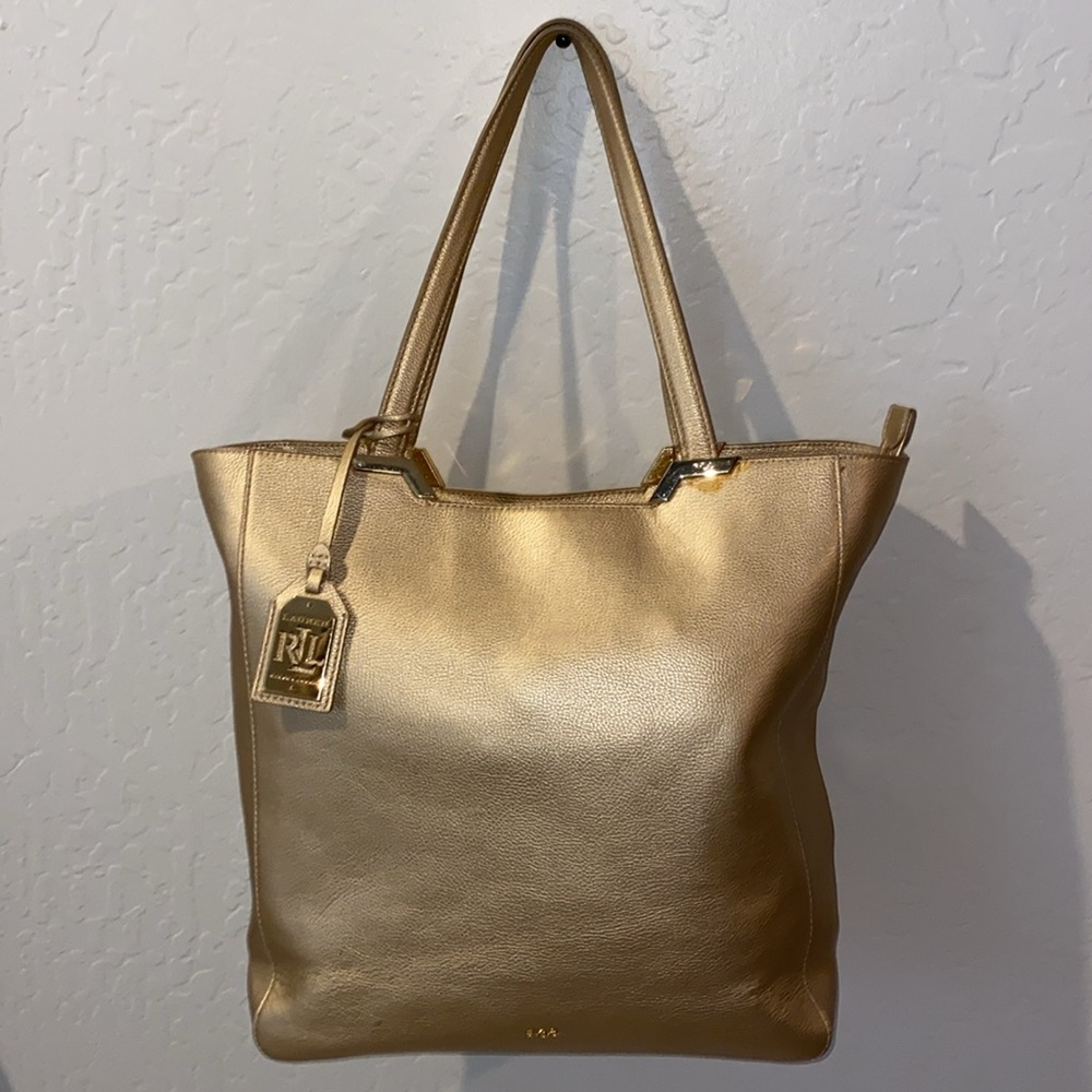 Ralph Lauren Gold Cowhide Pebble Leather Large Tote/Shoulder Bag EUC